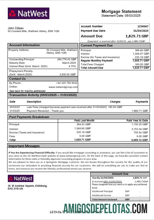 Extrato de hipoteca do NatWest Bank do Reino Unido em formatos Word e PDF modelo